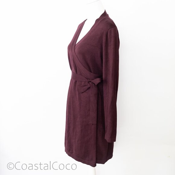 Lulus Literary Lover Plum Burgundy Wrap Sweater Dress L Stretchy Office Comfort - Picture 2 of 10